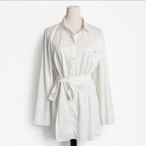 J. Jill White Shirt Collection Tie Waist Tunic Button Down XL Tall Cotton Stretc